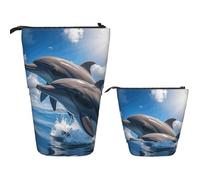 FodPand Telescopic Pencil Bag Pen Holder Pop Up Pencil Case,Standing Makeup Bag Big Capacity Stand Up Cosmetics Bag Two Dolphins Retractable Transformer Bag for Office Supplies