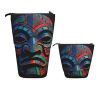 FodPand Telescopic Pencil Bag Pen Holder Pop Up Pencil Case,Standing Makeup Bag Big Capacity Stand Up Cosmetics Bag 3D Colorful Tiki Mask Pattern Retractable Transformer Bag for Office Supplies