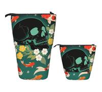 FodPand Telescopic Pencil Bag Pen Holder Pop Up Pencil Case,Standing Makeup Bag Big Capacity Stand Up Cosmetics Bag Lofaris Cat Retractable Transformer Bag for Office Supplies, Koi Fish Skull, One