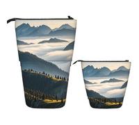 FodPand Telescopic Pencil Bag Pen Holder Pop Up Pencil Case,Standing Makeup Bag Big Capacity Stand Up Cosmetics Bag Hawaii Flower Retractable Transformer Bag for Office Supplies, Foggy Mountains, One