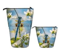 FodPand Telescopic Pencil Bag Pen Holder Pop Up Pencil Case,Standing Makeup Bag Big Capacity Stand Up Cosmetics Bag Art Blue Dragonfly Retractable Transformer Bag for Office Supplies