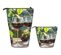 FodPand Telescopic Pencil Bag Pen Holder Pop Up Pencil Case,Standing Makeup Bag Big Capacity Stand Up Cosmetics Bag Art Red Wine Galsses Grapes Retractable Transformer Bag for Office Supplies
