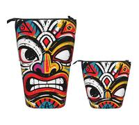 FodPand Telescopic Pencil Bag Pen Holder Pop Up Pencil Case,Standing Makeup Bag Big Capacity Stand Up Cosmetics Bag Painted Tiki Masks Retractable Transformer Bag for Office Supplies