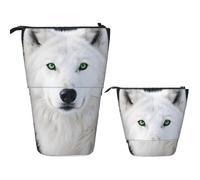 FodPand Telescopic Pencil Bag Pen Holder Pop Up Pencil Case,Standing Makeup Bag Big Capacity Stand Up Cosmetics Bag Cool White Wolf with Green Eyes Retractable Transformer Bag for Office Supplies
