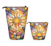FodPand Telescopic Pencil Bag Pen Holder Pop Up Pencil Case,Standing Makeup Bag Big Capacity Stand Up Cosmetics Bag Stained Glass Dragonfly Retractable Transformer Bag for Office Supplies