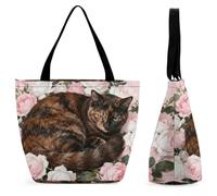 FodPand Tote Bag for Women Tortoiseshell Cat in Roses Shoulder Bag Handbag for Travel Beach Work Shopping Bags Grocery Bags
