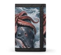 FodPand Tri-Fold Wallet with 8 Card Slots & Money Clip - Galaxy Spiral Nebula Slim Compact Wallet for Men & Women, Giant Squid Vs Whale, One Size, Modern