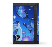 FodPand Tri-Fold Wallet with 8 Card Slots & Photo Window, Compact 3.3x5in Thin Wallet for Men & Women, Blue Glitter Butterfly Purse for Travel & Work