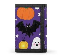 FodPand Tri-Fold Wallet with 8 Card Slots & Photo Window, Compact 3.3x5in Thin Wallet for Men & Women, Ghost Pumpkin Moon Bat Spider Web Purse for Travel & Work