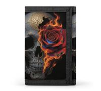 FodPand Tri-Fold Wallet with 8 Card Slots & Photo Window, Compact 3.3x5in Thin Wallet for Men & Women, Gothic Skull And Black Rose Purse for Travel & Work