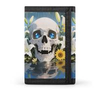 FodPand Tri-Fold Wallet with 8 Card Slots & Photo Window, Compact 3.3x5in Thin Wallet for Men & Women, Human Skull Flowers Leaves Purse for Travel & Work
