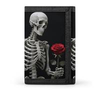 FodPand Tri-Fold Wallet with 8 Card Slots & Photo Window, Compact 3.3x5in Thin Wallet for Men & Women, Skeleton Holding A Red Rose Purse for Travel & Work