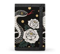 FodPand Tri-Fold Wallet with 8 Card Slots & Photo Window, Compact 3.3x5in Thin Wallet for Men & Women, Snake Red Flower Purse for Travel & Work