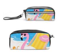 FodPand Tropical Flamingo Cartoon Pencil Pouch Mini Makeup Bag with Handle - 7.8x3.9x2.1 Inches Durable Waterproof PU Leather, Large Capacity Portable Pencil Case for Office, Travel
