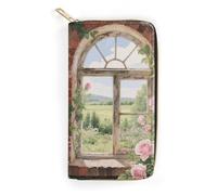 FodPand Vintage Arch Window Nature Garden Wallets for Men Women - PU Leather Zip Around Wallet with 4 Card Slots & 3 Cash Compartments, 7.8 X 4.1 Inch Large Capacity Long Purse for Travel