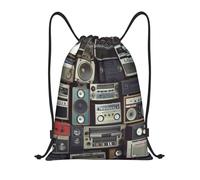 FodPand Vintage Wall of Radio Boombox Drawstring Backpack Sports Gym Sackpack Waterproof Swim Bag Men Women Draw String Bag, Black, S