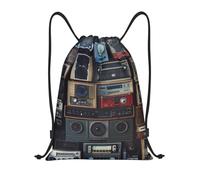 FodPand Vintage Wall of Radio Boombox Drawstring Backpack Sports Gym Sackpack Waterproof Swim Bag Men Women Draw String Bag, Black, M