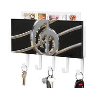 FodPand Wall Mount Key Holder 7.1 X 4.3 Inch with 5 Hooks & Mail Slot, Black and White Musical Notes Key Rack Self-Adhesive Leather Keys Hanger Organizer for Entryway, Hallway Door