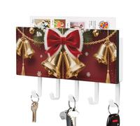 FodPand Wall Mount Key Holder 7.1 X 4.3 Inch with 5 Hooks & Mail Slot, Christmas Bell Print Key Rack Self-Adhesive Leather Keys Hanger Organizer for Entryway, Hallway Door