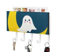 FodPand Wall Mount Key Holder 7.1 X 4.3 Inch with 5 Hooks & Mail Slot, Ghost Sits on The Moon Key Rack Self-Adhesive Leather Keys Hanger Organizer for Entryway, Hallway Door