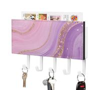FodPand Wall Mount Key Holder 7.1 X 4.3 Inch with 5 Hooks & Mail Slot, Pink Purple Marble Key Rack Self-Adhesive Leather Keys Hanger Organizer for Entryway, Hallway Door