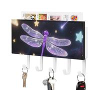 FodPand Wall Mount Key Holder 7.1 X 4.3 Inch with 5 Hooks & Mail Slot, Purple Dragonfly Shiny Stars Key Rack Self-Adhesive Leather Keys Hanger Organizer for Entryway, Hallway Door