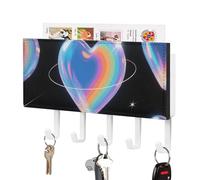 FodPand Wall Mount Key Holder 7.1 X 4.3 Inch with 5 Hooks & Mail Slot, Rainbow Love Heart Key Rack Self-Adhesive Leather Keys Hanger Organizer for Entryway, Hallway Door