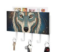 FodPand Wall Mount Key Holder 7.1 X 4.3 Inch with 5 Hooks & Mail Slot, Retro Wolf Starr Sky Key Rack Self-Adhesive Leather Keys Hanger Organizer for Entryway, Hallway Door