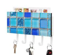 FodPand Wall Mount Key Holder 7.1 X 4.3 Inch with 5 Hooks & Mail Slot, Square Bright Glass Mosaic Key Rack Self-Adhesive Leather Keys Hanger Organizer for Entryway, Hallway Door