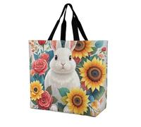 FodPand Watercolor Rabbit And Flowers Reusable Grocery Bag with Pockets And Handle Lightweight Durable Shopping Bags Large Size Bag for Groceries Travel And Everyday Use 15.7x15.7x6.3 in