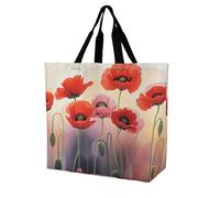 FodPand Watercolor Red Poppy Flowers Reusable Grocery Bag with Pockets And Handle Lightweight Durable Shopping Bags Large Size Bag for Groceries Travel And Everyday Use 15.7x15.7x6.3 in