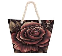 FodPand Waterproof Gothic Rose Beach Bag for Women 600d Oxford Cloth Tote Bag with Zipper & Hemp Rope Handles Sand-Proof Large Shoulder Handbag for Travel Gym Swim Pool Shopping