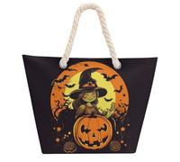 FodPand Waterproof Halloween Pumpkin Witch Beach Bag for Women 600d Oxford Cloth Tote Bag with Zipper & Hemp Rope Handles Sand-Proof Large Shoulder Handbag for Travel Gym Swim Pool Shopping