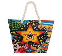 FodPand Waterproof Pattern And Stars Beach Bag for Women 600d Oxford Cloth Tote Bag with Zipper & Hemp Rope Handles Sand-Proof Large Shoulder Handbag for Travel Gym Swim Pool Shopping