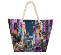 FodPand Waterproof Purple Tokyo Streets Beach Bag for Women 600d Oxford Cloth Tote Bag with Zipper & Hemp Rope Handles Sand-Proof Large Shoulder Handbag for Travel Gym Swim Pool Shopping