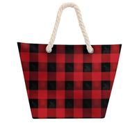 FodPand Waterproof Red Black Buffalo Check Plaid Beach Bag for Women 600d Oxford Cloth Tote Bag with Zipper & Hemp Rope Handles Sand-Proof Large Shoulder Handbag for Travel Gym Swim Pool Shopping