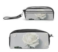 FodPand White Blooming Floral Pencil Pouch Mini Makeup Bag with Handle - 7.8x3.9x2.1 Inches Durable Waterproof PU Leather, Large Capacity Portable Pencil Case for Office, Travel