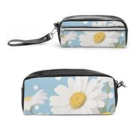 FodPand White Daisy Flower Pencil Pouch Mini Makeup Bag with Handle - 7.8x3.9x2.1 Inches Durable Waterproof PU Leather, Large Capacity Portable Pencil Case for Office, Travel
