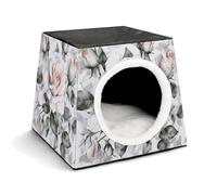 FODPAND White Watercolor Floral Rose Cat Bed Cave for Small Dog Cat House 3-in-1 Foldable Cats Beds with Removable Washable Cushioned Pillow Covered Cave Pet Tents with Non-Slip Bottom