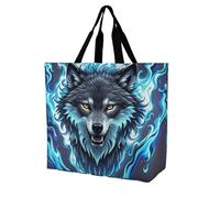 FodPand Wolf Head in Blue Flames Reusable Grocery Bag with Pockets And Handle Lightweight Durable Shopping Bags Large Size Bag for Groceries Travel And Everyday Use 15.7x15.7x6.3 in