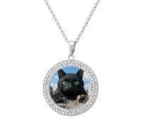 FodPand Women's Black Cat Giant City Diamond Necklace Round Pendant Necklace 19.7 Inch Adjustable Chain Memorial Necklaces for Friendship Couple Everyday Wear Jewelry Gift for Girlfriend Wife Mom, One