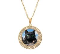 FodPand Women's Black Cat Giant City Diamond Necklace Round Pendant Necklace 19.7 Inch Adjustable Chain Memorial Necklaces for Friendship Couple Everyday Wear Jewelry Gift for Girlfriend Wife Mom, One