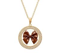FodPand Women's Brown Bow Diamond Necklace Round Pendant Necklace 19.7 Inch Adjustable Chain Memorial Necklaces for Friendship Couple Everyday Wear Jewelry Gift for Girlfriend Wife Mom, One size, Zinc