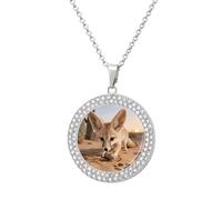 FodPand Women's Fennec Fox Digging Diamond Necklace Round Pendant Necklace 19.7 Inch Adjustable Chain Memorial Necklaces for Friendship Couple Everyday Wear Jewelry Gift for Girlfriend Wife Mom, One