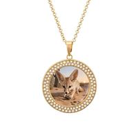 FodPand Women's Fennec Fox Digging Diamond Necklace Round Pendant Necklace 19.7 Inch Adjustable Chain Memorial Necklaces for Friendship Couple Everyday Wear Jewelry Gift for Girlfriend Wife Mom, One