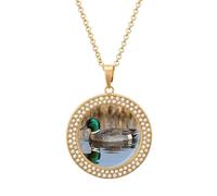 FodPand Women's Green-headed Duck Water Diamond Necklace Round Pendant Necklace 19.7 Inch Adjustable Chain Memorial Necklaces for Friendship Couple Everyday Wear Jewelry Gift for Girlfriend Wife Mom