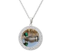 FodPand Women's Green-headed Duck Water Diamond Necklace Round Pendant Necklace 19.7 Inch Adjustable Chain Memorial Necklaces for Friendship Couple Everyday Wear Jewelry Gift for Girlfriend Wife Mom