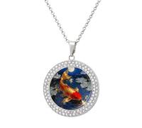 FodPand Women's Koi in Moonlit Pond Diamond Necklace Round Pendant Necklace 19.7 Inch Adjustable Chain Memorial Necklaces for Friendship Couple Everyday Wear Jewelry Gift for Girlfriend Wife Mom, One