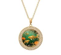 FodPand Women's Koi Lotus Pond Diamond Necklace Round Pendant Necklace 19.7 Inch Adjustable Chain Memorial Necklaces for Friendship Couple Everyday Wear Jewelry Gift for Girlfriend Wife Mom, One size