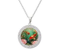 FodPand Women's Koi Lotus Pool Diamond Necklace Round Pendant Necklace 19.7 Inch Adjustable Chain Memorial Necklaces for Friendship Couple Everyday Wear Jewelry Gift for Girlfriend Wife Mom, One size